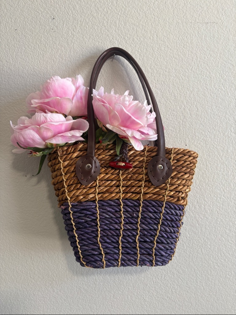 Woven Two-Tone Straw Tote Bag with Leather Handles - Brown & Purple